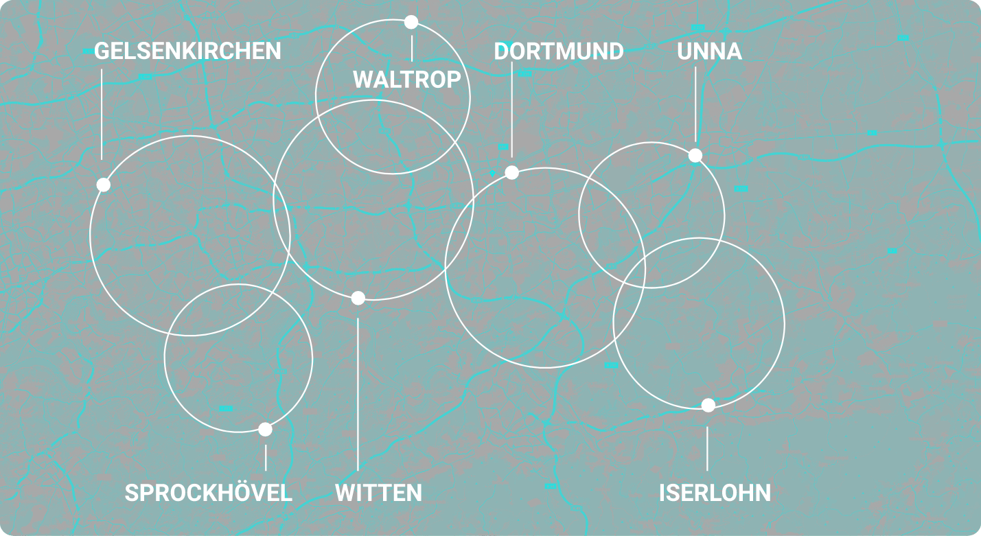 die Standorte der Jola Dental GmbH in Dortmund, Gelsenkirchen, Witten, Iserlohn, Unna und Waltrop